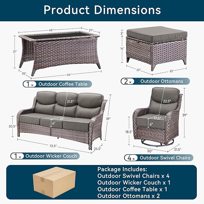 Luxury 8 Pieces Outdoor Patio Furniture Set-All Weather Wicker Swivel Rocker Patio Chairs with 6" Thick Cushion Rattan Sofa Coffee Table, Outdoor Conversation for Garden Porch Backyard(Brown/Grey)