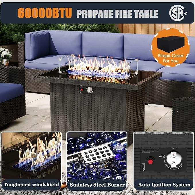 Patio Furniture Set with Fire Pit Table, 11 Pieces Outdoor All-Weather Wicker Conversation Sectional Chair Sofa Set with 2 Swivel Chairs