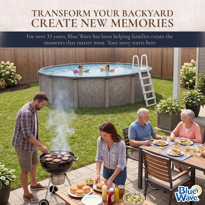 Blue Wave Riviera 24-ft Round 54-in Deep Hard Sided Above Ground Pool with Resin Top Seats, Steel Verticals, Dual-Speed Sand Filter System, Ladder, Liner, Skimmer & Maintenance Kit – 13,500 Gal Cap