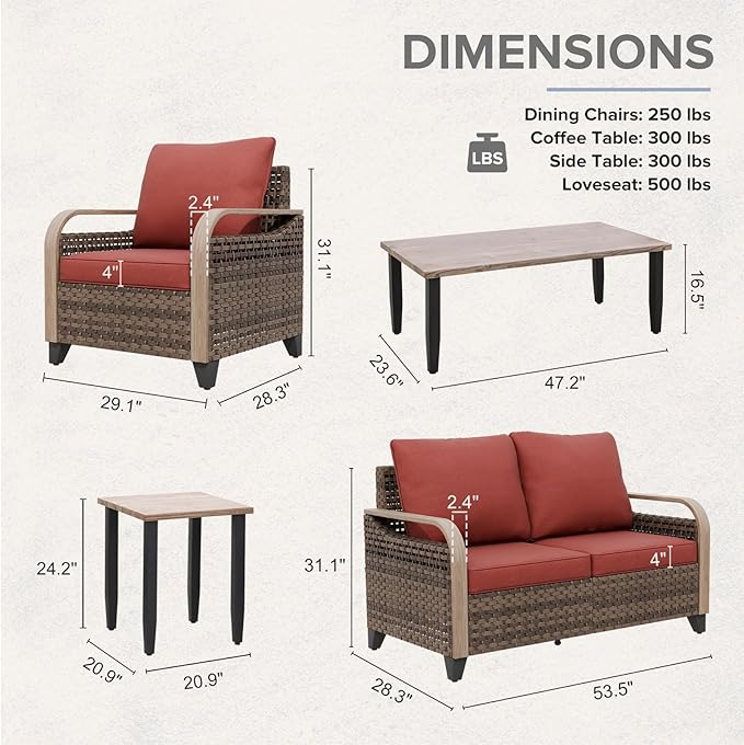 COOS BAY Modern Wicker Outdoor Furniture Set, 5 Piece Patio Conversation Set with 2 Patio Chairs, a Loveseat, Coffee Table and Side Table, 5 Piece, Brown/Red