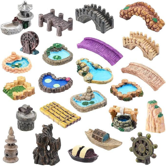 Meooeck 24 Pcs Miniature Garden Accessories Mini Fairy Bridge Figurines Pond Garden Decor Micro Landscape Lighthouse Water Well Ornament for Yard DIY Craft