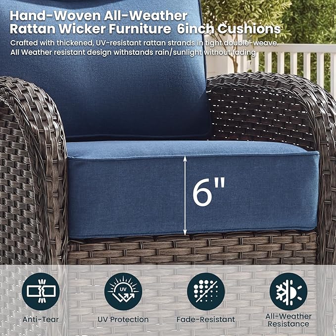 High Back Luxury Patio Furniture Set with 6-inch Thick Cushion, Swivel Rocker Patio Chairs with Outdoor Couch, 6 Piece Wicker Conversation Set for Deck Yard Garden Balcony Blue Cushion
