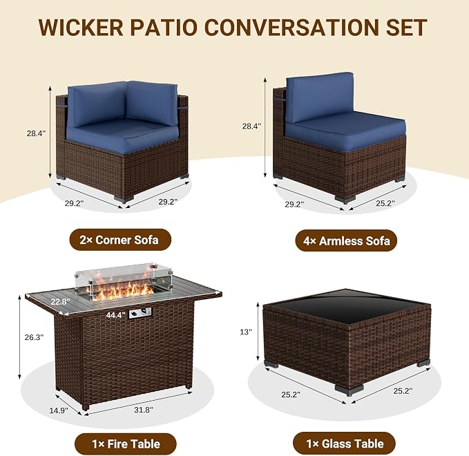 Patio Furniture Set with 44'' Propane Gas Firepit Table, 8 PCS Modular Outdoor Sectional Conversation Sets, All-Weather Wicker Patio Set for Backyard, Navy (Waterproof Covers Included)