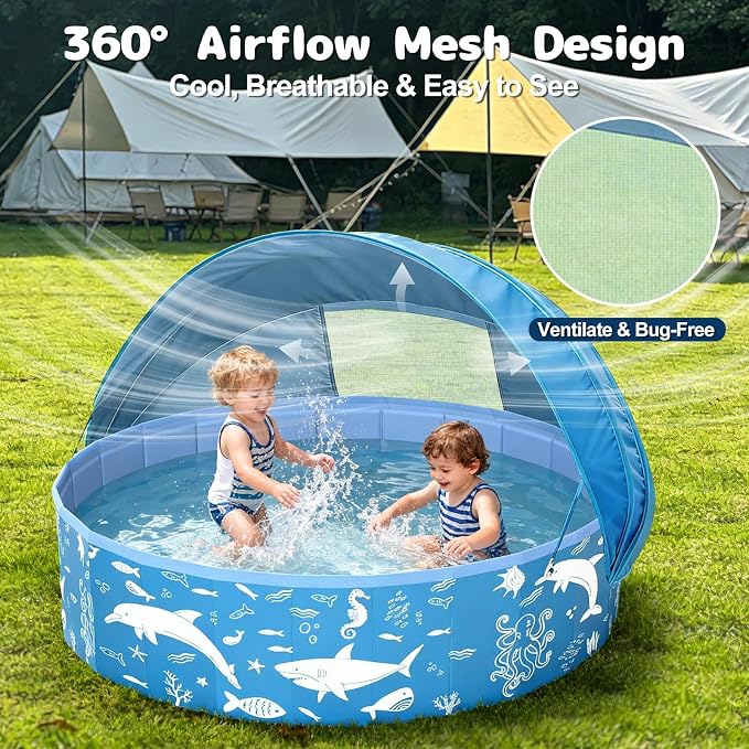 63” Extra Large Kiddie Pool with Canopy, EPN UPF 50+ Sun Shade Baby Pool, No Inflation Foldable Toddler Pool for Backyard Outdoor & Beach, Portable Thickened PVC BPA-Free Kids Water Play Pool, Blue