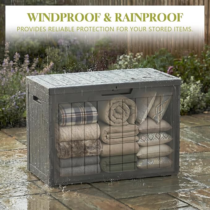 Waterproof Outdoor Storage Box Outside Deck Box Lockable Resin Bench UV Resistant Furniture Cushion Pool Tool Float Bin Patio Garden Porch (Black, 50 Gallon)
