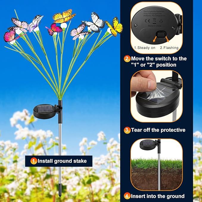 Vivideal Solar Garden Lights Outdoor, 4 Pack 32 LED Butterfly Solar Lights with 2 Modes, IP65 Waterproof Solar Lights Outdoor for Garden Yard Patio Pathway Decorations