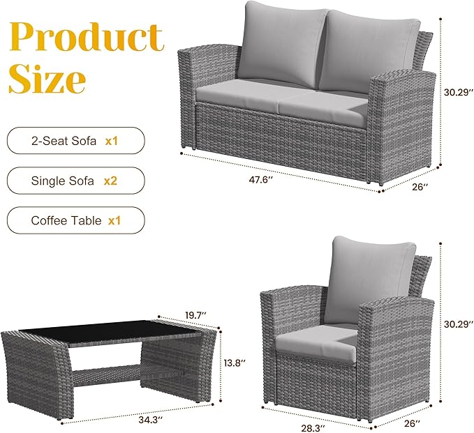 4-Piece Outdoor Patio Furniture Set, All Weather Wicker Rattan Sectional Sofa Conversation Seating Set with Cushions & Large Glass Coffee Table, Ideal for Garden Backyard Porch, Grey
