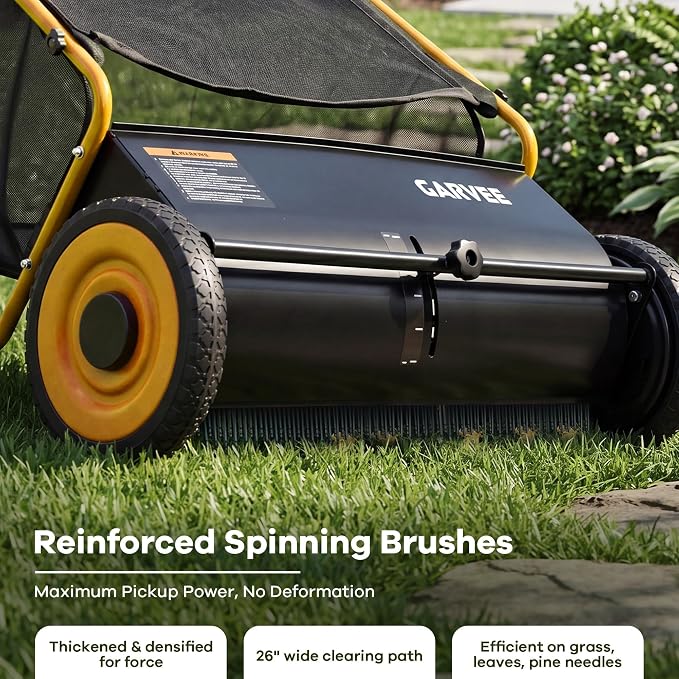 Garvee Push Lawn Sweeper, 26 in Leaf & Grass Collector with 7 Cu. ft. Hopper Bag, 4 Spinning PP Brushes, Durable Steel Construction, Adjustable Height & Rubber Tires for Leaves Grass Cleanup
