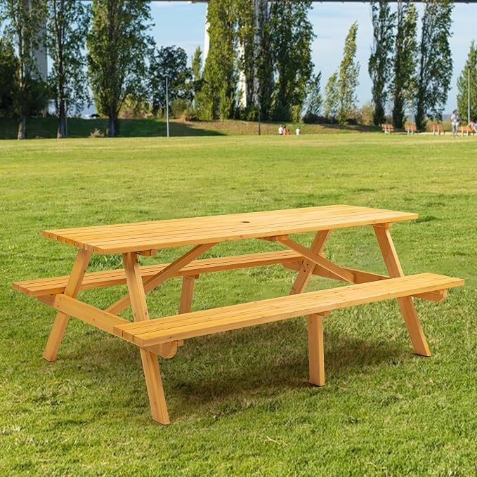 Picnic Table with Bench for 8 Person Outdoor Wooden Rectangle Table for Patio Garden Backyard Large Outside Dining Table Set with Umbrella Hole 6.25FT