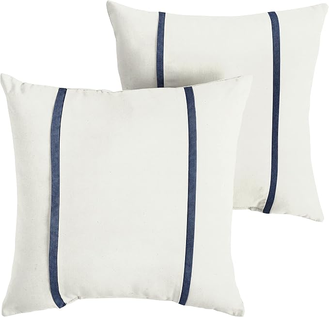 Sorra Home x Sunbrella - Indoor/Outdoor Square Pillows (Set of 2), Canvas Natural Ivory & Indigo Blue