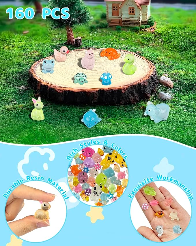 Piemow 160 Pcs Mini Resin Animals Kit, Luminous Landscape Figurines Decor | Tiny Resin Animals Gifts for Aquarium Fairy Garden Bonsai