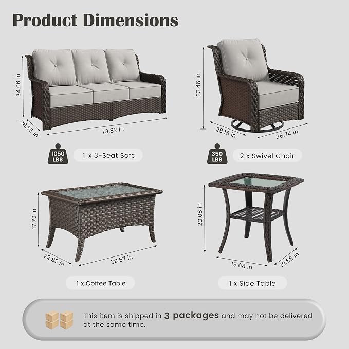 Sundale Outdoor 5 Piece Wicker Patio Furniture Set, High Back Outdoor Couch with Swivel Chairs & Coffee Table, 6" Thick Cushion Patio Conversation Sets with Deep Seating for Yard, Deck (Grey)