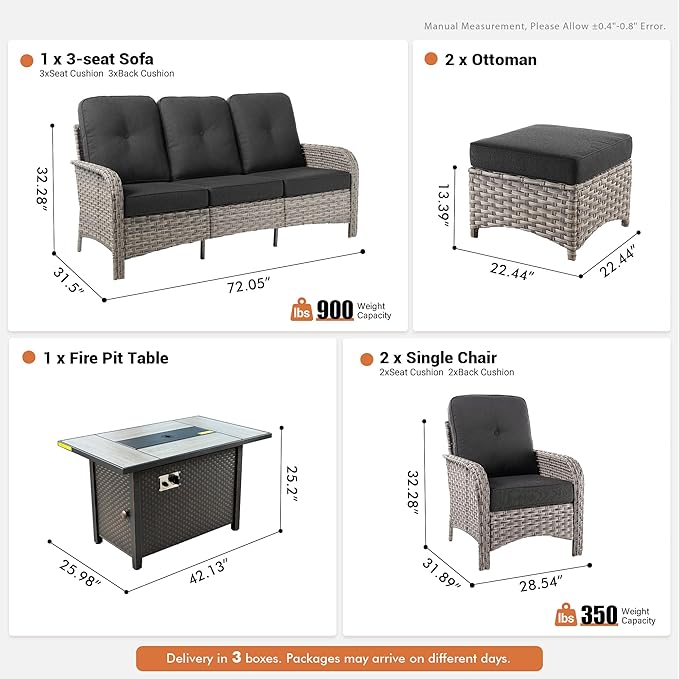 6-Piece Outdoor Patio Furniture Set with Fire Pit Table,All Weather Wicker Rattan Patio Seating Sofa and Chair Set with Ottomans,Outdoor Conversation Sets with 3 Seater Couch for Porch Deck Yard,Black