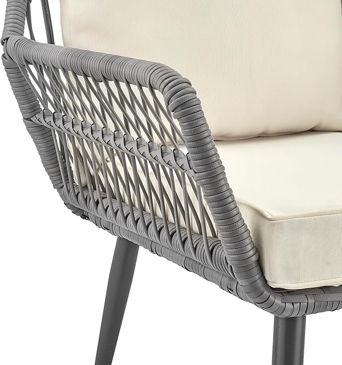 Manhattan Comfort Portofino 4-Piece Patio Conversation Set, Rope Wicker Design with Waterproof Cushions | Outdoor Furniture Includes 2 Armchairs, Loveseat & Coffee Table with Tempered Glass Top, Cream