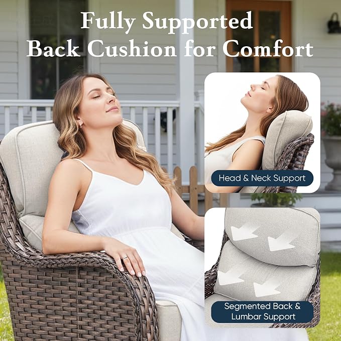 Belord Luxury 6" Thick Cushioned 11 Pieces Patio Furniture Set with Fire Pit Table, Wicker Outdoor Conversation Set with High Back Swivel Rocker Chairs for Deck Porch Yard and Poolside - Brown+Beige