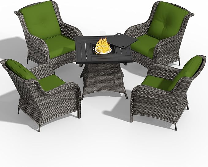 5 Pcs Patio Furniture Set with Fire Table-31'' Fire Pit Table, 4 Outdoor Rattan Wicker Conversation Chairs (4 Fixed Chairs) (Green)