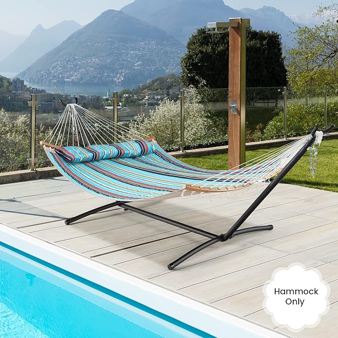 Tangkula 11FT Double Hammock, Heavy Duty Outdoor Hammock with Curved Spreader Bars, Detachable Pillow, 2 Person Hammocks for Outside, Porch, Patio (Blue)