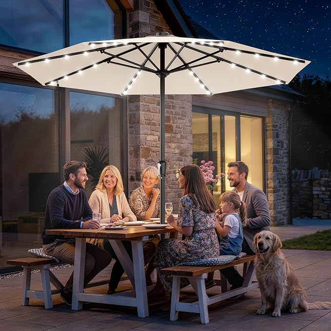 AreShark 11FT Large Patio Umbrella with Solar Lights, Lighted Solar Umbrella with Crank, Outdoor Table Market Umbrellas for Garden, Deck, Backyard, Pool and Beach, Cream-White