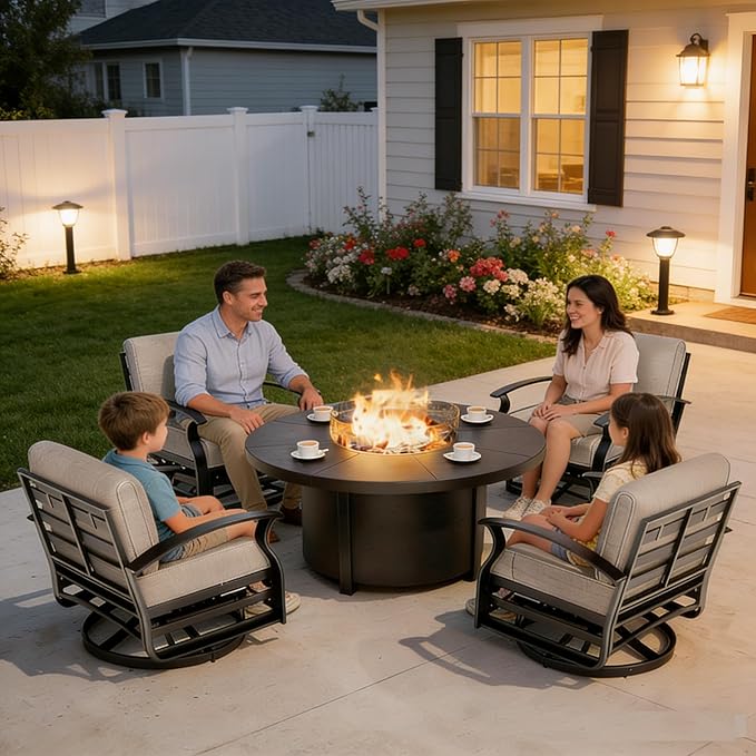 Gotland 5 Piece Patio Set, Aluminum Outdoor Swivel Chairs Set with 48’’ Round Fire Pit 5.1’’ High-Resilience Seat Cushions 29.5" Deep Seating, Metal Patio Furniture Set Patio Conversation Sets, Khaki