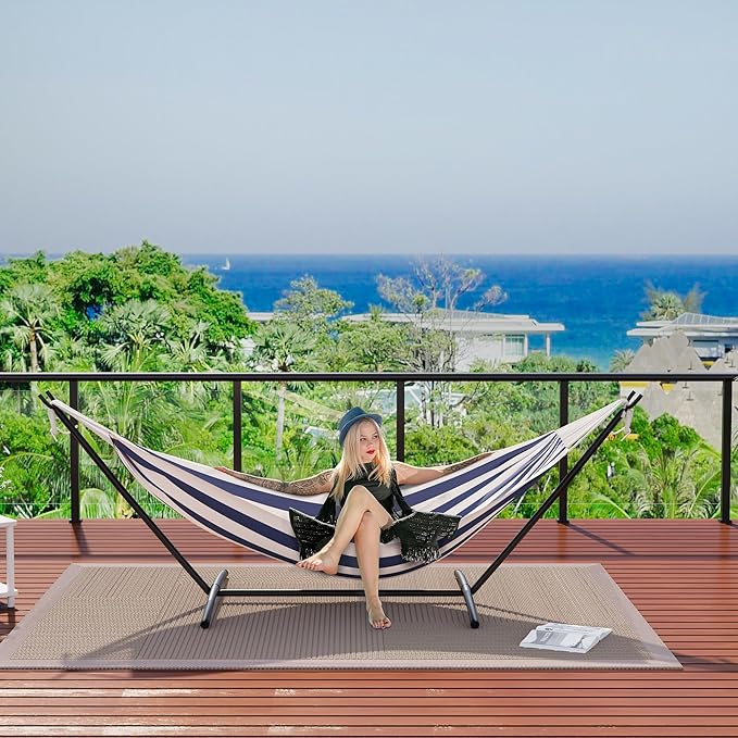 Heavy Duty Double Cotton Hammock with Steel Stand – 2 Person Brazilian-Style, 450lbs Capacity, Portable Indoor Outdoor Lounger with Carry Bag, Backyard, Balcony, Camping, Blue and White