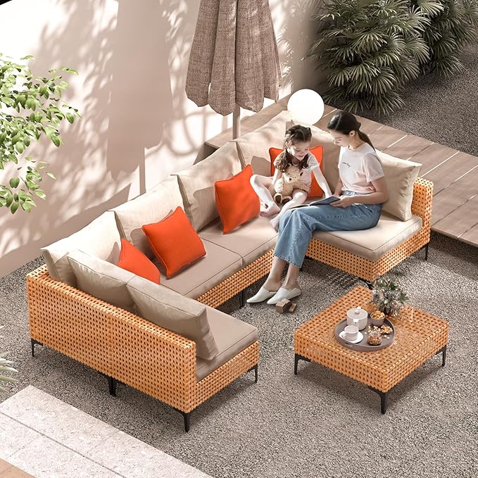 3 Piece Outdoor Patio Furniture Set Modular Outdoor Furniture Set Wicker Outdoor Sectional Sofa with Cushions and Tea Table Patio Set for Balcony Porch Deck Yard (Salmon&Orange Wicker, Sand Cushion)