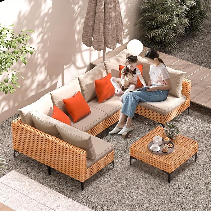 12 Piece Modular Outdoor Furniture Set - Wicker Sectional Sofa With Table for Patio, Balcony, Porch, Deck, Yard (Salmon&Orange Wicker, Sand Cushion)