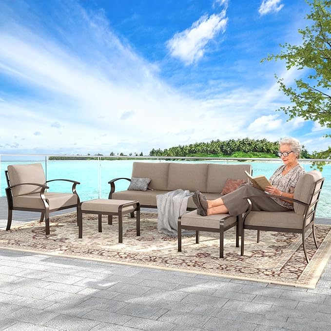 Gotland Aluminum Patio Furniture Set, Metal Outdoor Furniture with 2 Ottomans 5.1’’ High-Resilience Seat Cushions, 5 Piece Patio Set, Oversized Outdoor Sectional Patio Conversation Sets, Khaki