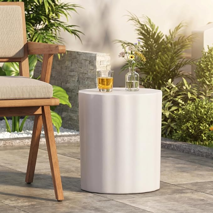 Concrete Side Table Outdoor Faux Stone End Table, Round Outdoor Accent Tables Patio Garden Stool Plant Stand for Porch, Backyard Patio Cylinder, White-Stripe
