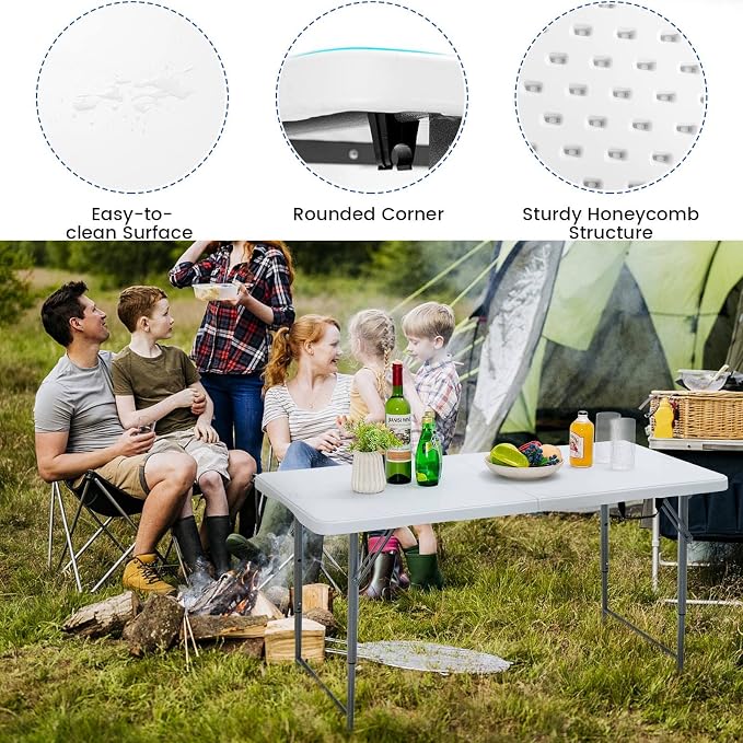 TANGZON 4FT Folding Picnic Table, 3 Adjustable Heights Camping Table with Carry Handle, Indoor Outdoor Dining Table for BBQ Catering Buffet Party, 150KG Capacity (Grey Feet, 120 x 60 x 49/62/74cm)