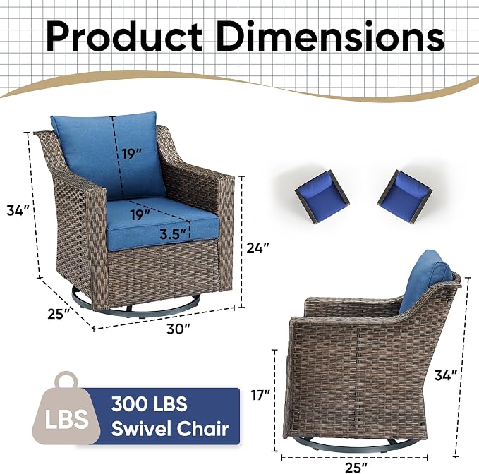 Outdoor Swivel Rocker Patio Chairs-Outdoor Swivel Chair with High Back Patio Chairs for Deck Balcony Poolside Backyard-Brown/Blue