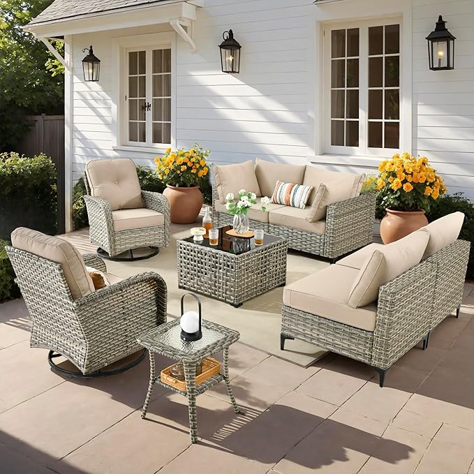 Outdoor Patio Furniture Sets, 8 PCS Patio Conversation Set Outside Rattan Sectional Sofa with Wicker Rocking Chairs Coffee Table Soft Cushion Fit Backyard Porch Garden Poolside Balcony