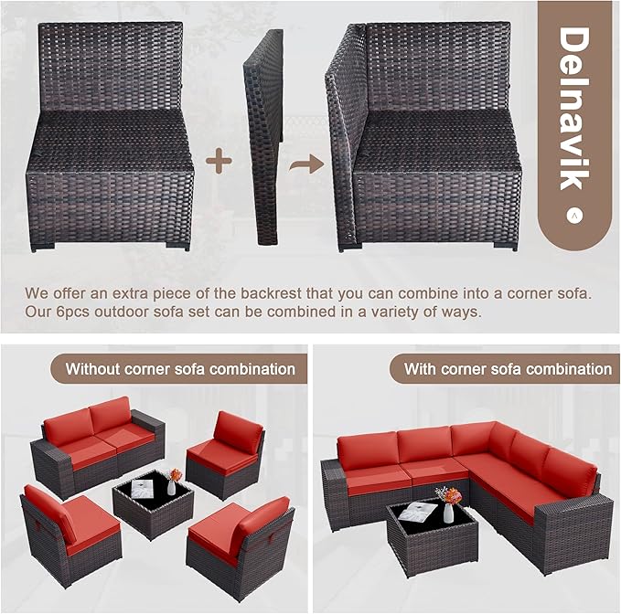 Patio Furniture Set Sofa 6-Pieces Wicker Sectional Sofa Set, Outdoor Furniture Rattan Patio Conversation Set with Thickened Cushion and Glass Coffee Table, Red