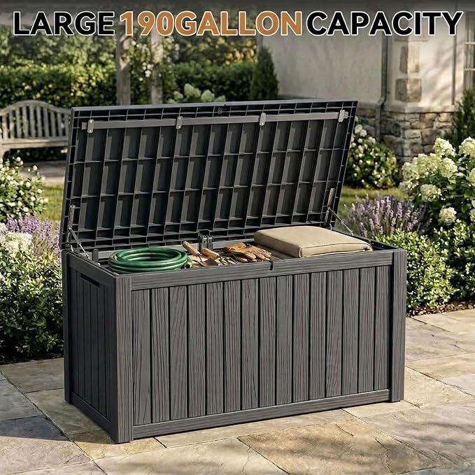 190 Gallon Large Outdoor Storage Box Waterproof, UV Resistant Resin Deck Box with Hydraulic Rod & Lockable Latch for Patio Furniture, Outside Storage Box for Garden Tools, Patio Cushions, Black