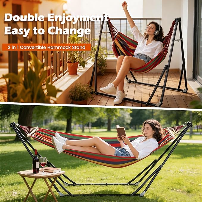 DlandHome Hammock with Stand, Heavy Duty Portable Hammock, 440 lbs Weight Capacity, Outdoor Hammock Chair with Carrying Bag & Adjustable Steel Stand for Patio, Garden, Beach, Backyard, Classic Red