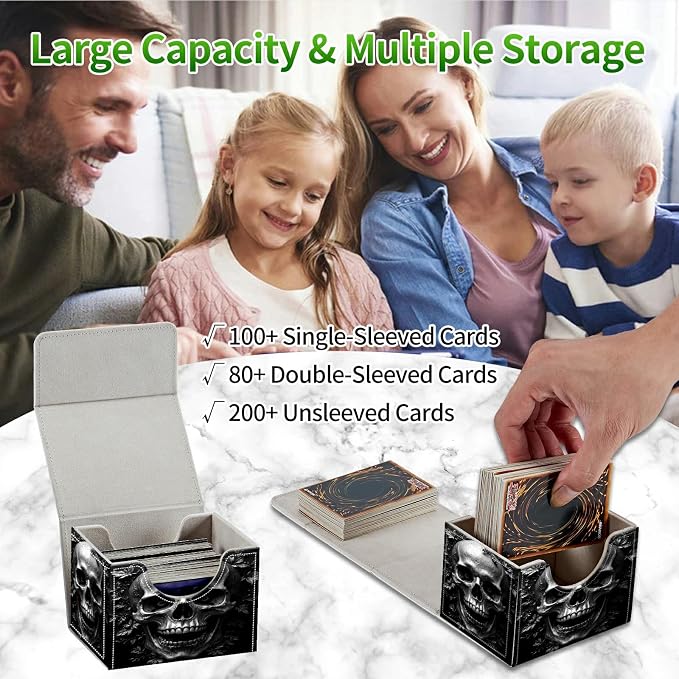 Card Deck Box for MTG, Cards Storage Box Fits 120+ Sleeved, Leather Small Size Strong Magnetic Closing Card Case for Board Games Magic TCG CCG Baseball Collection, Dark Skull
