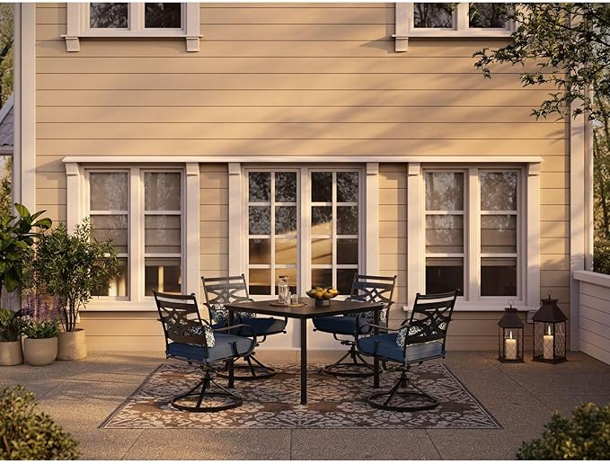 Hanover Montclair 5-Piece Outdoor Dining Set with Stamped Steel Square Dining Table and 4 Swivel Rocker Chairs with Cushions, Weather-Resistant Patio Dining Set for 4, Patio, Backyard, Deck