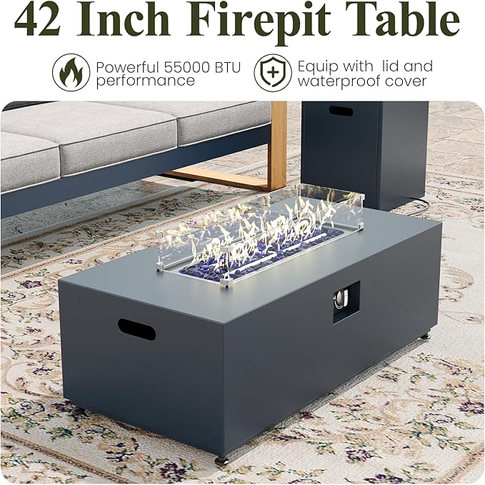 LayinSun 5 Pieces Aluminum Patio Furniture Set with Fire Pit Table, Oversized Seat with Hight Back, Outdoor Conversation Sets for Porch, Balcony, Deck