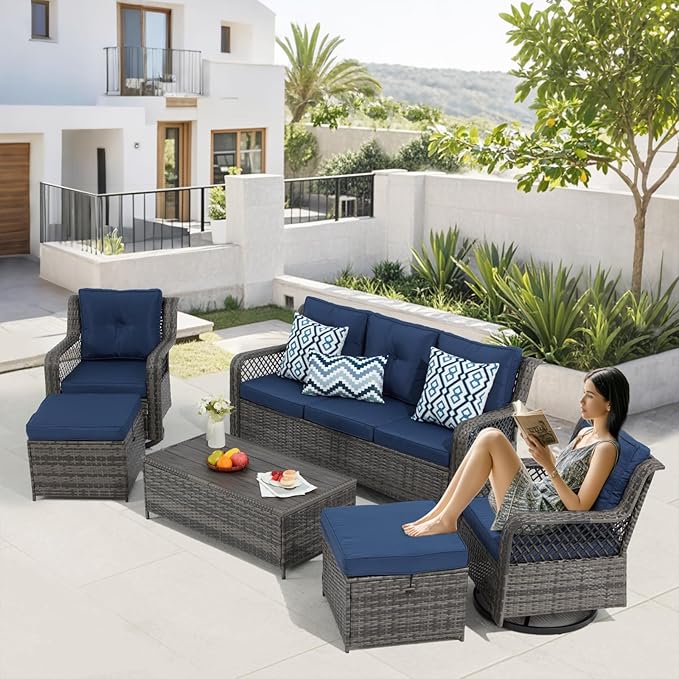 6 Pieces Wicker Patio Furniture Set Conversations Sets, 2 Outdoor 360° Swivel Rocking Chairs, Patio Swivel Glider Chair with Table and Ottoman for Garden, Poolside, Backyard (Grey)