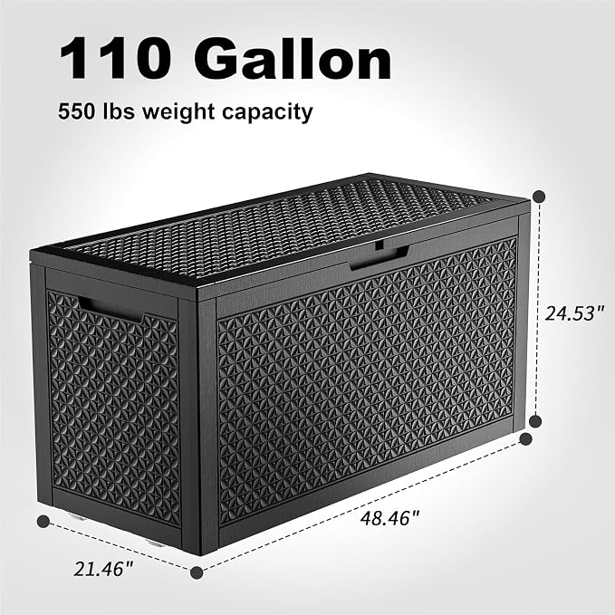 Outdoor Waterproof Resin Storage Deck Box Lockable Outside Bench UV Resistant Bin Patio Porch Furniture Pool Float Garden Tool Cushion (Black, 110 Gallon)
