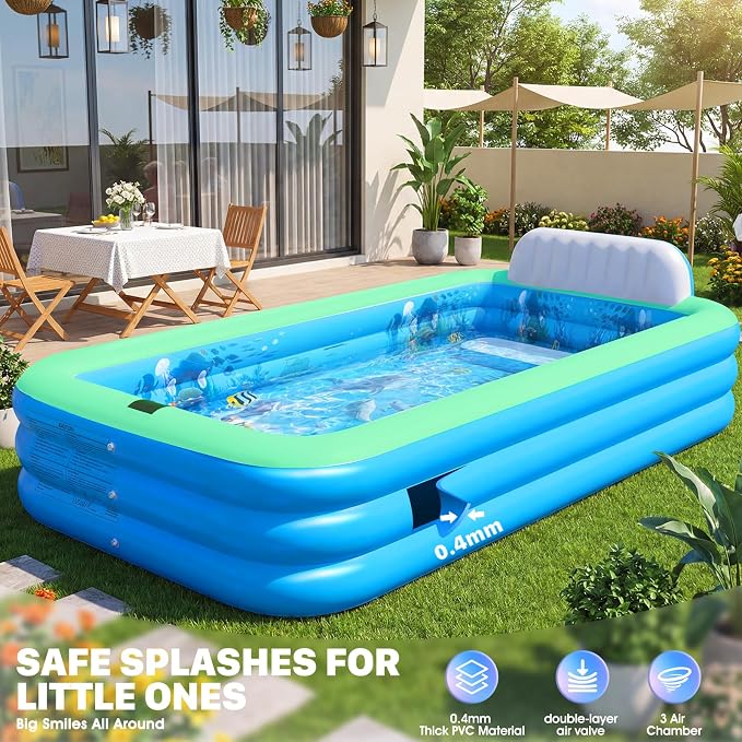 Extra Large Inflatable Pool With Lights,Upgraded Solar Powered Blow Up Pool For Adults,Inflatable Kids Swimming Pool with Seat& Backrest,Big Inflatable Kids Pool For Backyard,120x73x20IN-Green