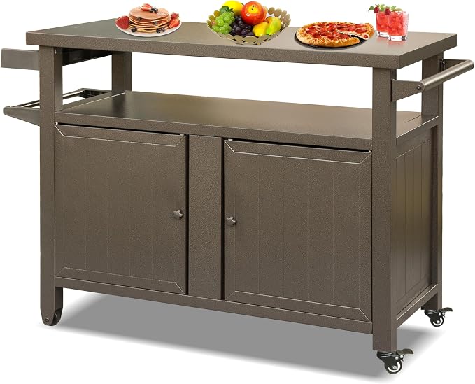 Metal Outdoor Storage Box and Grill Prep Cart with Wheels, 83 Gallon Deck Box for Patio Organization and BBQ Tool Storage, Lockable Cabinet for Garden Supplies, Brown, 51.67 x 20.31 x 35.51 Inches