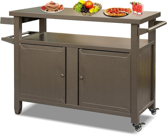 Metal Outdoor Storage Box and Grill Prep Cart with Wheels, 83 Gallon Deck Box for Patio Organization and BBQ Tool Storage, Lockable Cabinet for Garden Supplies, Brown, 51.67 x 20.31 x 35.51 Inches
