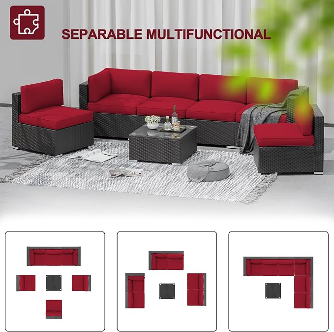 SUNCROWN 7-Piece Outdoor Patio Furniture Sofa Set All-Weather Wicker Sectional Conversation Set with Modern Glass Coffee Table and Cushions, Backyard, Garden, Red