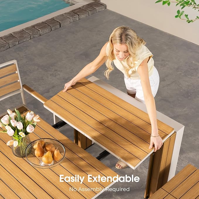 Transformer Table - Extendable Outdoor Dining Set, up to 12 Expandable Patio Table, Seats, Weather-Resistant Patio Furniture, Light Oak, Natural (Table + 2 Benches)