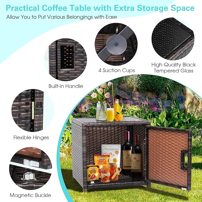Tangkula 3 Pieces Outdoor Wicker Conversation Set with Waterproof Cover, 2 Patio Rattan Cushioned Chairs with Side Storage Table, Suitable for Front Porch, Balcony, Garden, Poolside (Turquoise)