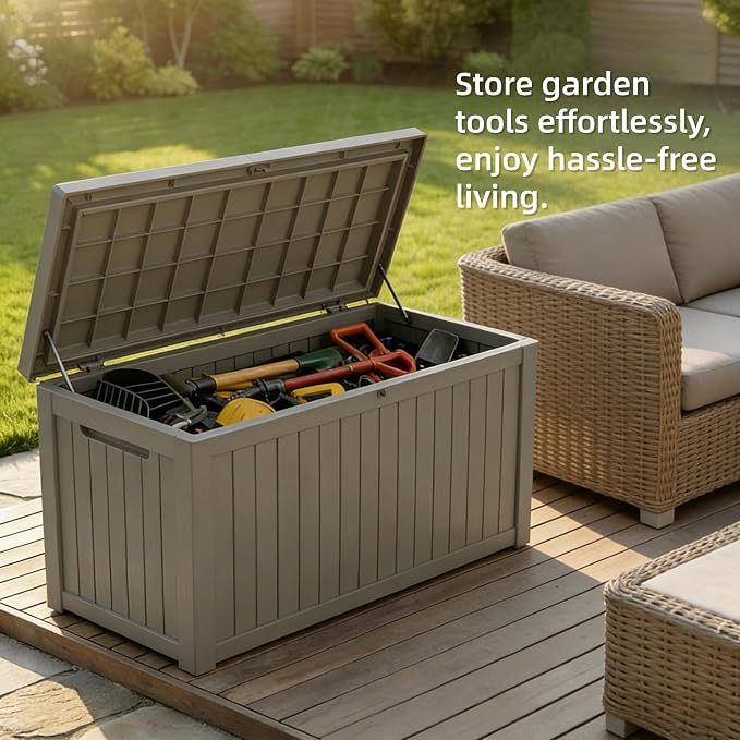 Outdoor Storage Deck Box, Large Patio Container for Garden Tools, Cushions and Yard Accessorie.Lockable Waterproof Resin Weatherproof Storage Container (Light Brown, 280 Gallon)