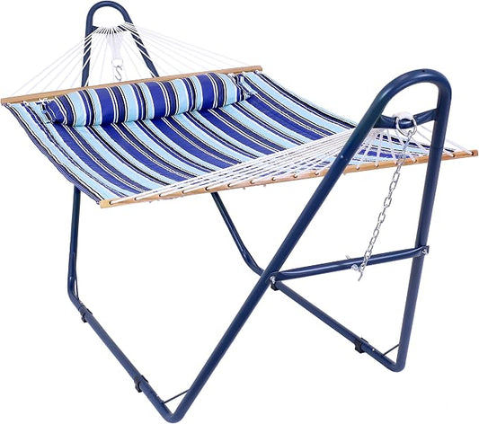 Sunnydaze Double Quilted Fabric Hammock with Universal Steel Stand - 450-Pound Capacity - Blue Stand - Catalina Beach