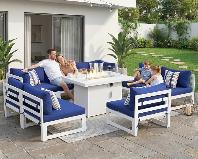 RADIATA 9 Piece Large Modern Aluminum Outdoor Patio Furniture Set with Fire Pit Table, 29 inch Wide Deep Seat, Rust Proof Comfy Sectional Sofa, 500 lbs Sturdy Front Yard Conversation Set, Navy Blue