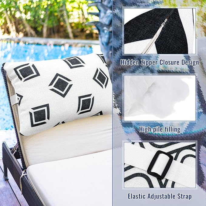 Juexica 4 Pack Chaise Lounge Headrest Pillow, Decorative Outdoor Patio Neck Headrest Pillow with Adjustable Elastic Strap and Insert, Waterproof, for Pool Recliner, Beach Chair(White,Geometric)