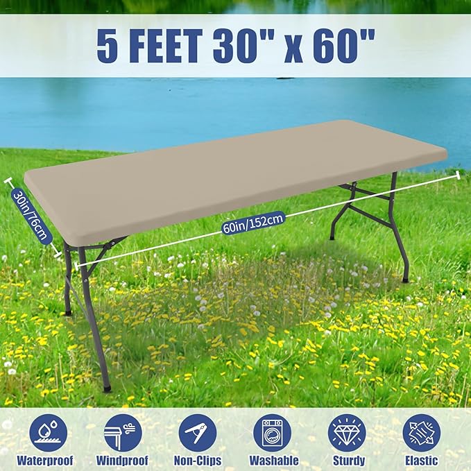 Moosfor Spandex 5 Foot Rectangle Table Cloth 2 Pack, Elastic Fitted Tablecloths for Picnic, Stretch Washable Patio Table Cover for Outdoor, Camping, Banquet and Parties (Taupe, 30"x60")